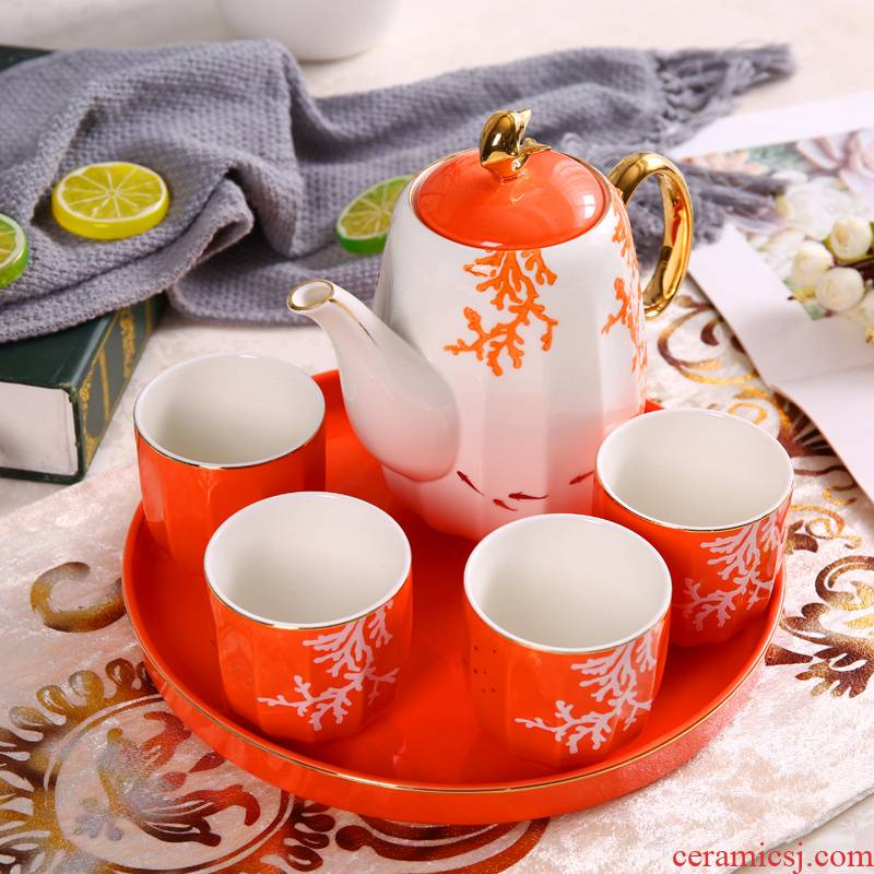 Northern European key-2 luxury ceramic water set suit household American glass cup sitting room with a complete set of tea cups hot kettle