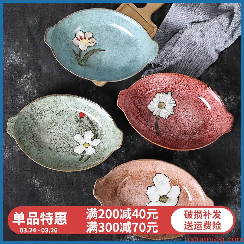 Domestic large fish dish creative oval restoring ancient ways yuquan 】 【 Korean hand - made ceramic plates under the glaze color LIDS