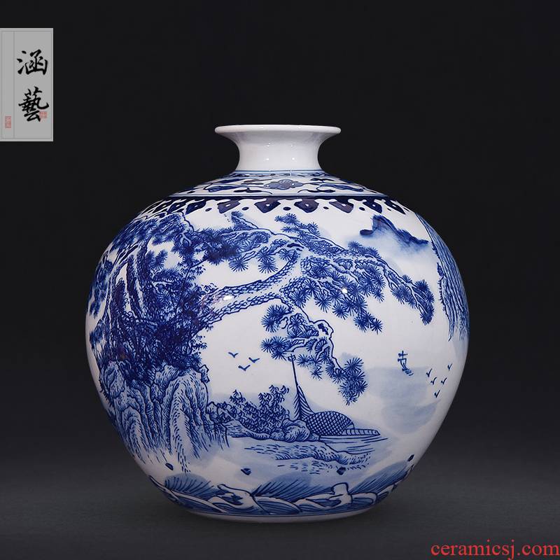 Jingdezhen blue and white landscape family pomegranate ceramic bottle of new Chinese style living room porch decoration flower arranging handicraft furnishing articles