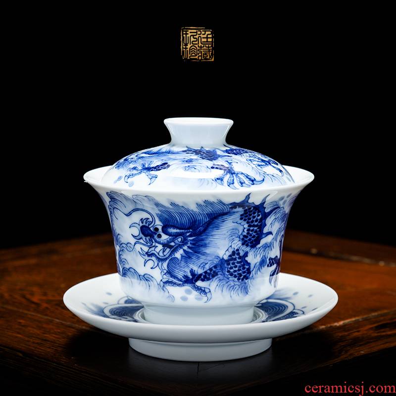 Three to nine at the blue dragon tureen jingdezhen ceramics by hand kung fu tea cups tea bowl of household size
