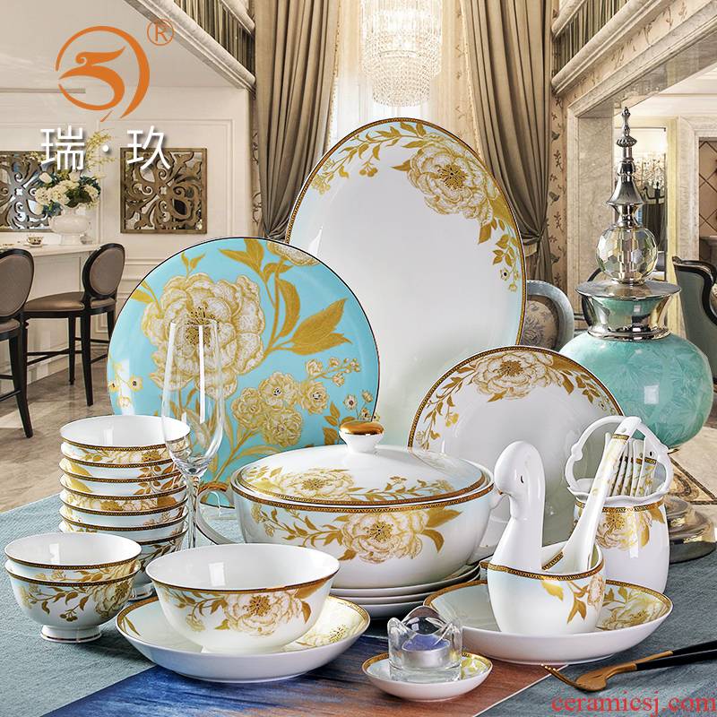 Ipads China tableware suit household of Chinese style head 60 ipads bowls bowl dish combination dishes dish spoon gift box