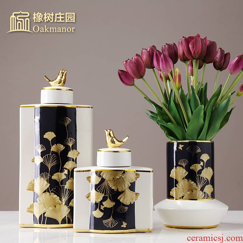 New Chinese style light key-2 luxury gold leaf ceramic pot of storage tank furnishing articles candy jar sitting room adornment porcelain jar with cover the receive tank