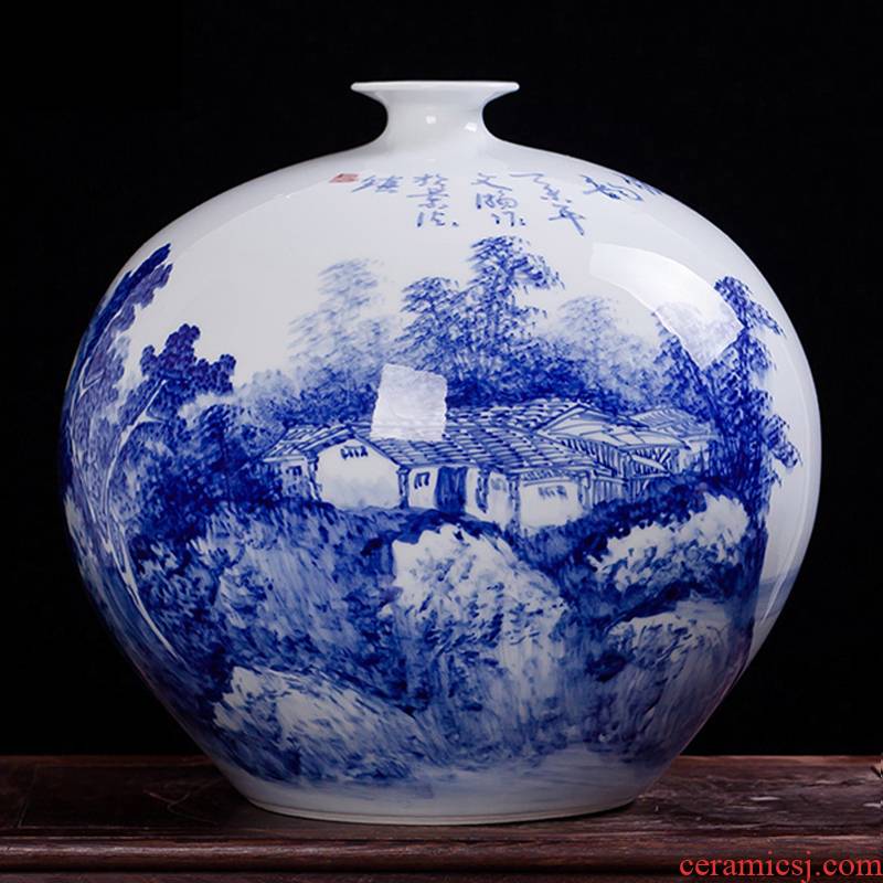 Jingdezhen ceramics famous Wu Wenhan hand - made of blue and white porcelain vase pomegranate landscape classical collection certificate