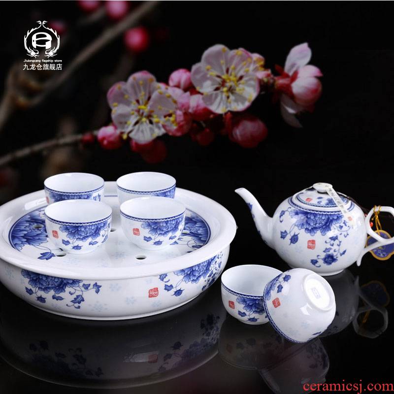 DH tea set suit household kung fu tea set of blue and white porcelain ceramic large teapot teacup of a complete set of jingdezhen tea service