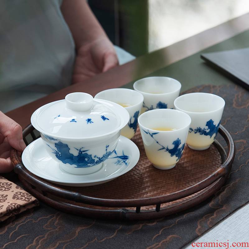 Good thing, hand - made Chinese jingdezhen ceramic tea set manually set kung fu tureen white porcelain tea cups of tea taking