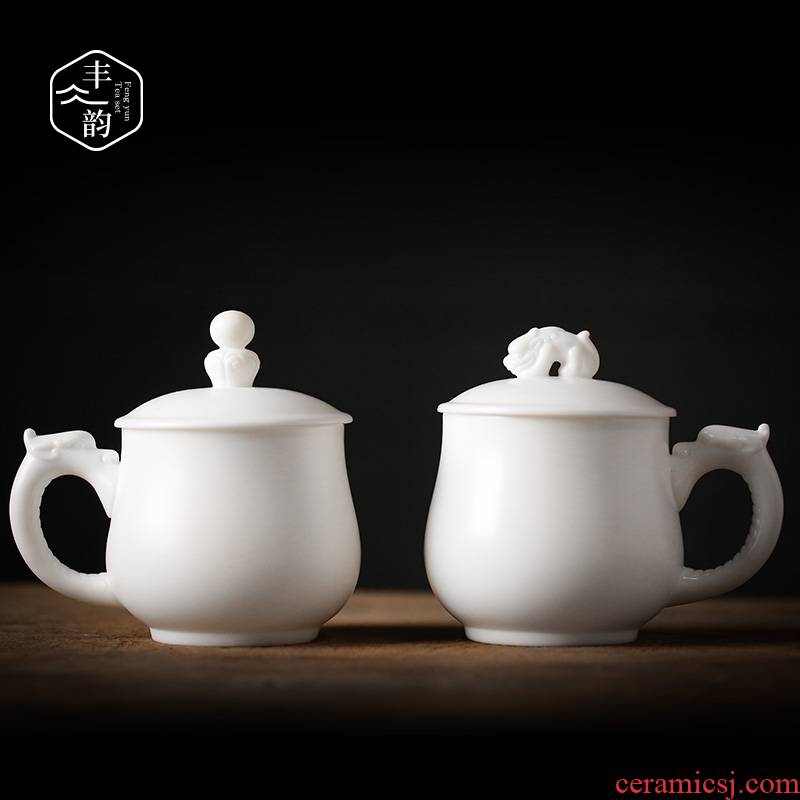 Dehua suet jade white porcelain with cover glass ceramic tea cup office meeting cup personal cup high - grade boss cup
