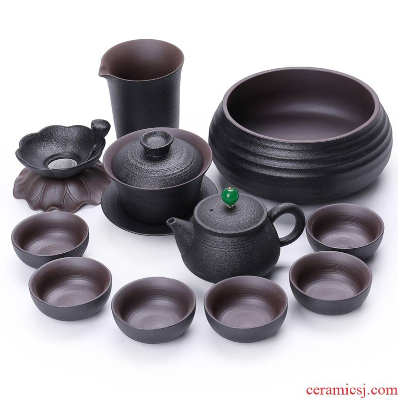 Is black pottery tea set suit household ceramics kongfu zen rhyme teapot tea cups of tea of a complete set of gift boxes