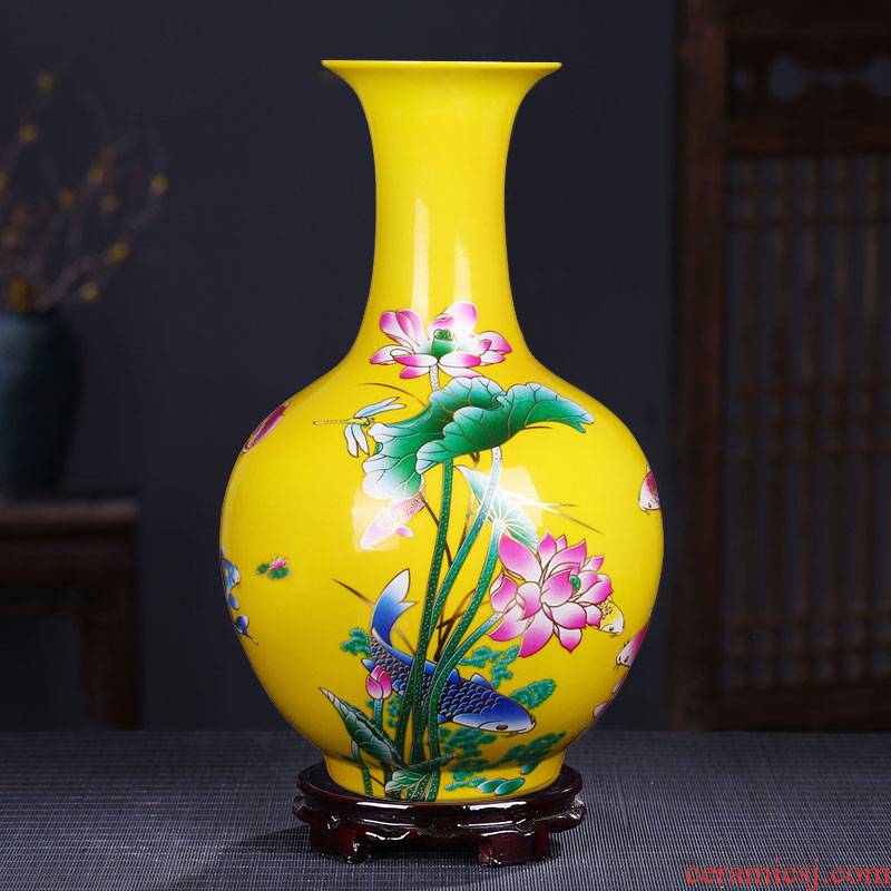 Jingdezhen ceramics yellow glaze lotus flower vase household decoration sitting room decoration crafts are a wedding gift