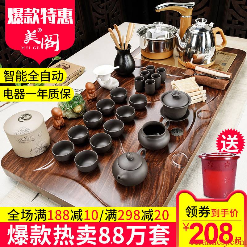 Beauty cabinet fully automatic four unity tea set of household solid wood tea tray was kung fu of a complete set of violet arenaceous ceramic cups of tea