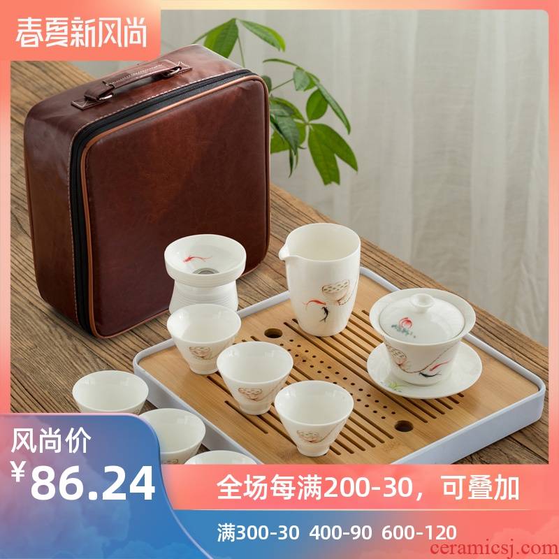 Poly real (sheng hand - made dehua white porcelain kung fu tea set suit small household contracted and I tea tray sets of portable travel bag