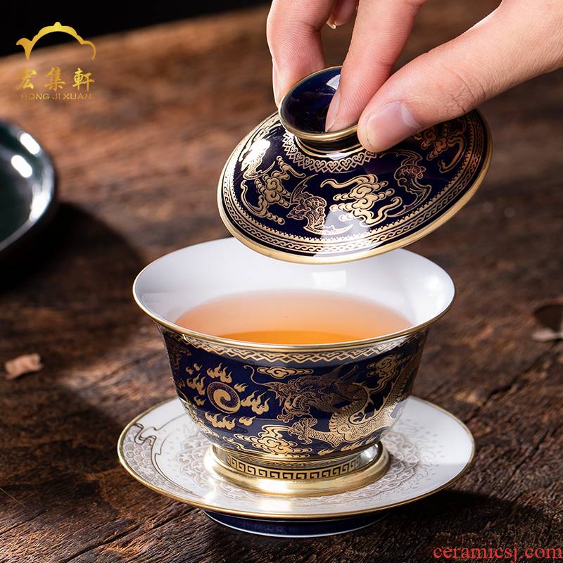 Jingdezhen ceramic tureen three cups to tureen large ji blue bowl kung fu all hand paint longfeng tea cups