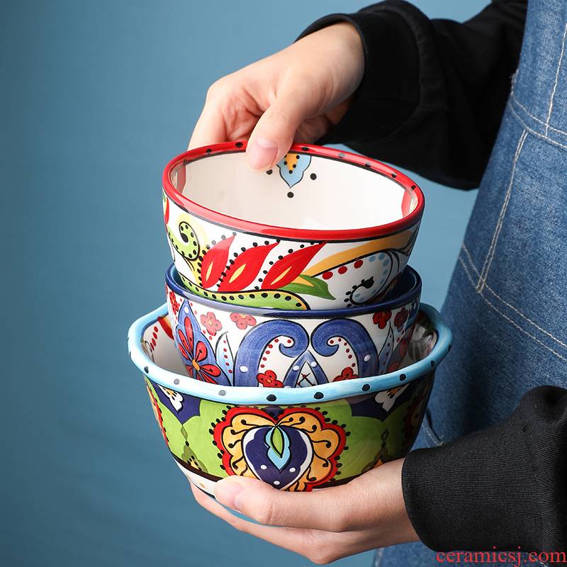 Japanese creative move hand - made ceramic bowl home eat rice bowl horn rainbow such as bowl big salad round bowl of soup bowl of cereal bowl