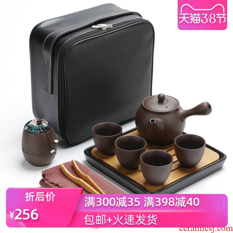 Poly real (sheng large capacity travel purple sand tea set suit portable package household contracted Japanese tea tray is suing a pot of four cups
