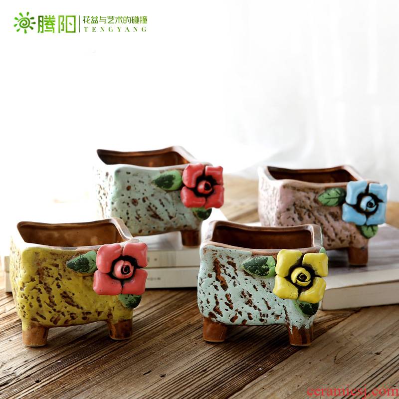 Teng Yang ou lovely hand, spend more meat flowerpot individuality creative ceramic hand - made sifang flower pot in restoring ancient ways
