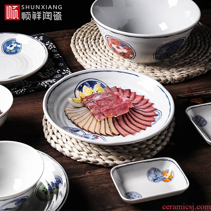 Shun auspicious ceramic household size plate cutlery Japanese - style and wind fish dish delicate suit combination blue flat disc