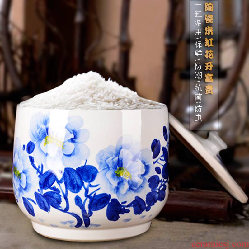 Jingdezhen ceramic barrel ricer box meter box storage blooming flowers with cover seal storage POTS household moistureproof insect - resistant