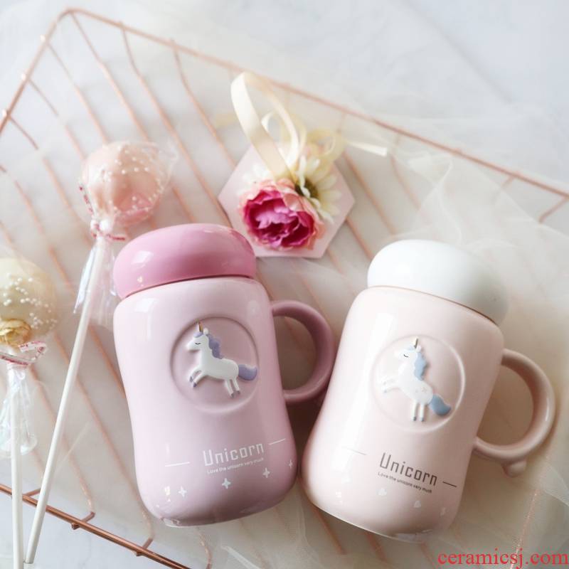 The Pink fairy is mark cup ins unicorn ceramic cup with a lid cup express cartoon young girl heart