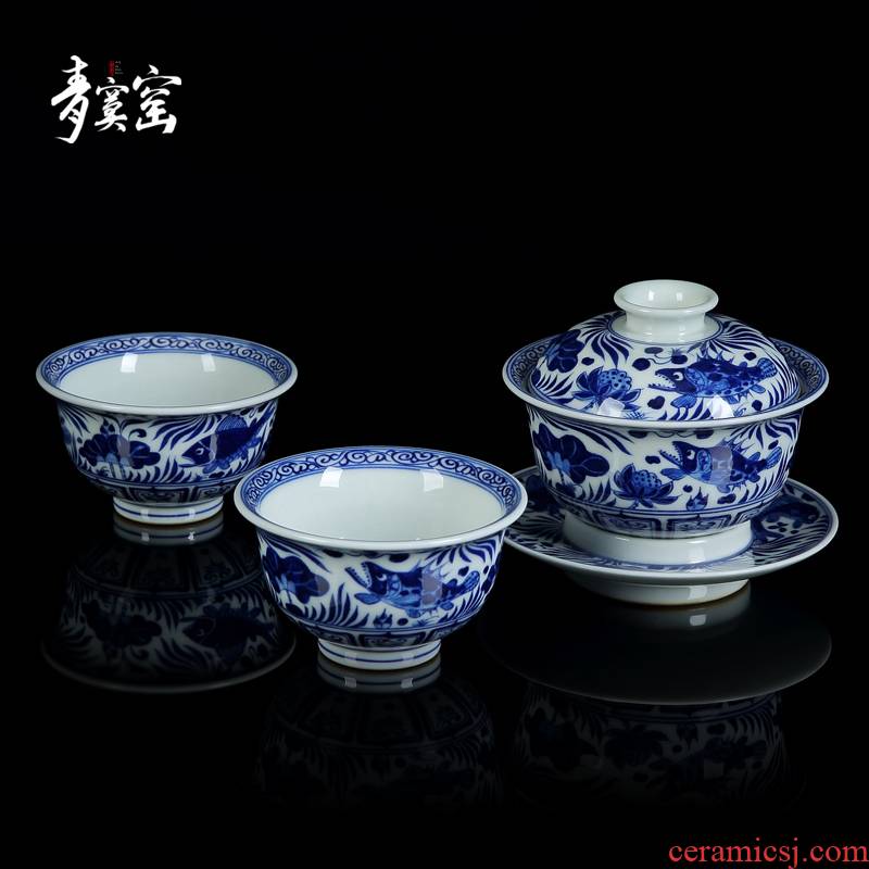 Its green up jingdezhen blue and white antique only three tureen tea cups hand - made teacup master cup sample tea cup single CPU