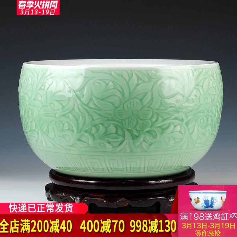 Jingdezhen ceramics pure hand - carved blue glaze daikin aquarium tortoise cylinder shallow water lily water lotus basin furnishing articles