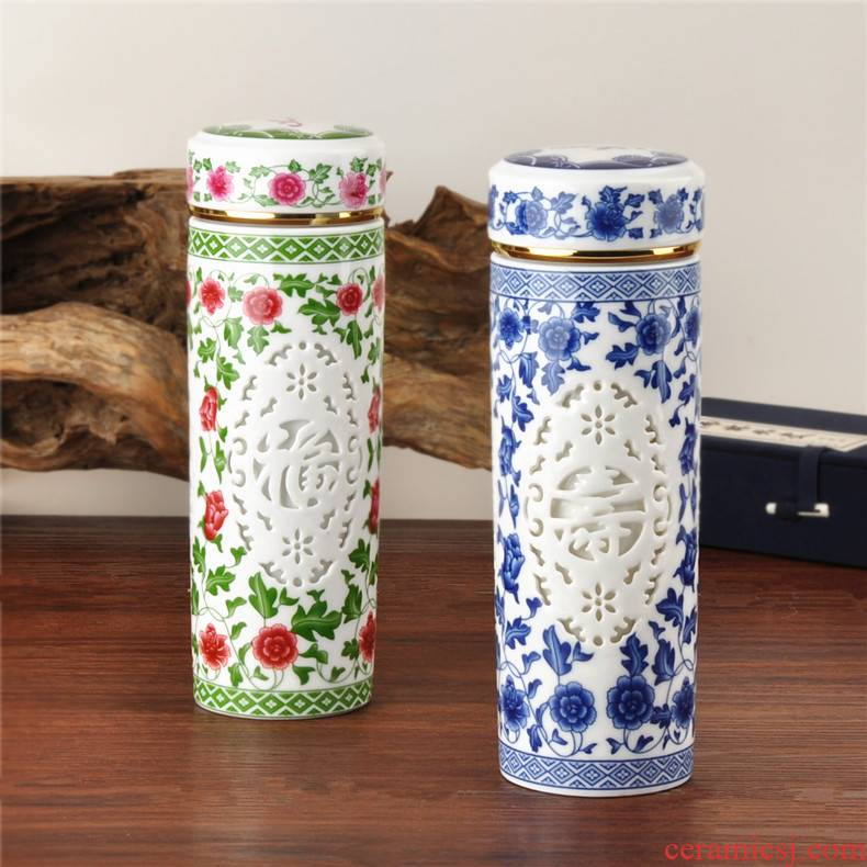 Jingdezhen blue and white powder enamel double hollow glass ceramic cups all porcelain cup, office cup cup with a gift
