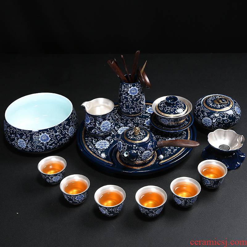 Silver tea set home a whole set of kung fu suit manual coppering. As household ceramic tea set blue and white porcelain teapot teacup gift boxes