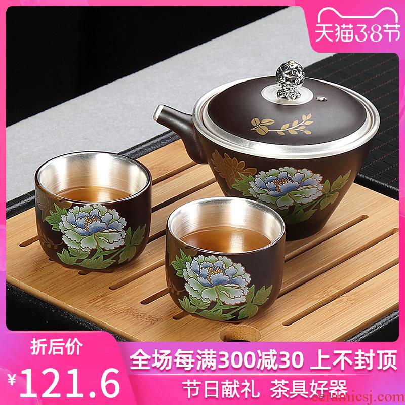 999 sterling silver cup to crack a pot of two cups of office of jingdezhen ceramic Japanese contracted portable travel tea set