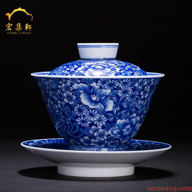 Tureen tea cups in a large bowl of jingdezhen ceramic hand - made flower is blue and white porcelain tea set tea three Tureen
