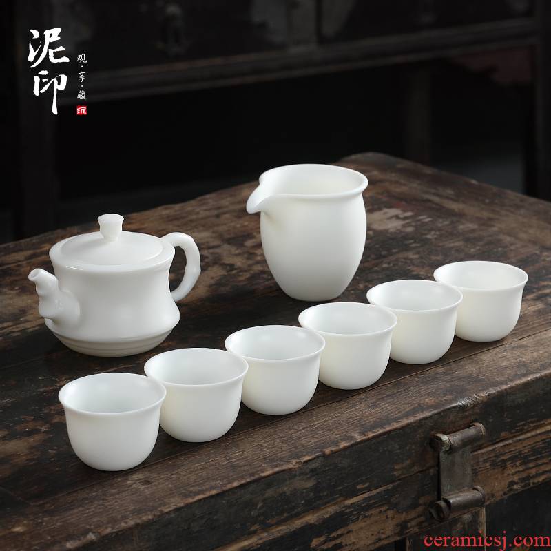 Mud seal anaglyph tea set suit modern household contracted white jade porcelain dehua white porcelain China kung fu tea gift boxes