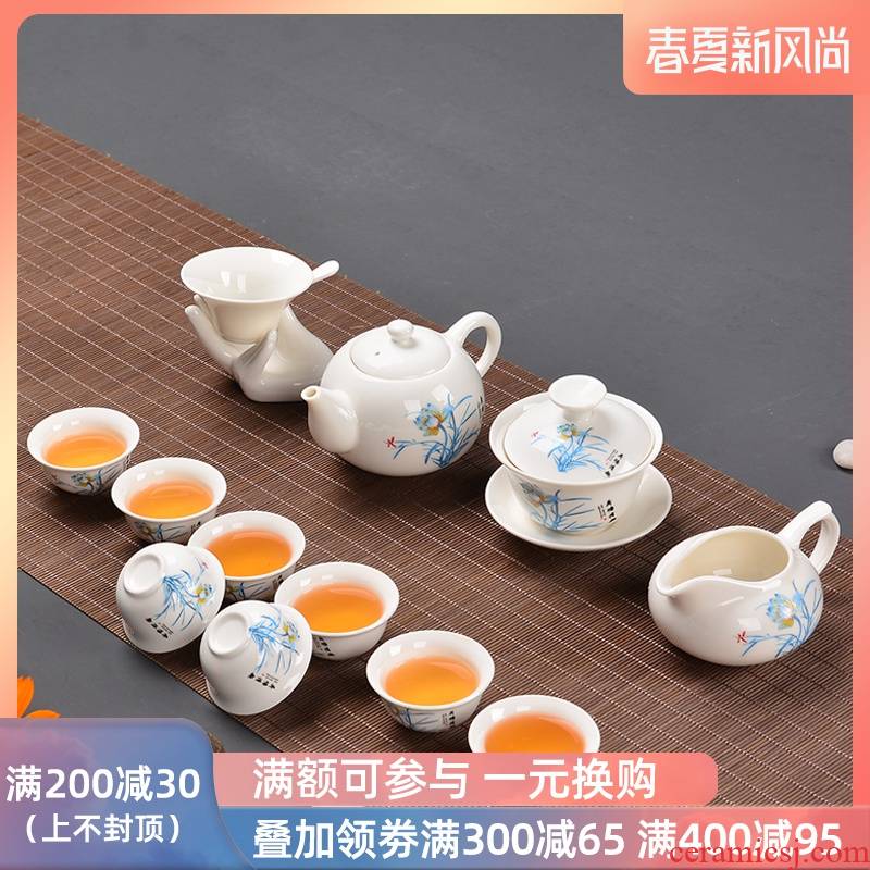 Dehua white porcelain ceramic kung fu tea set household contracted lid bowl cups advertising gift set custom logo