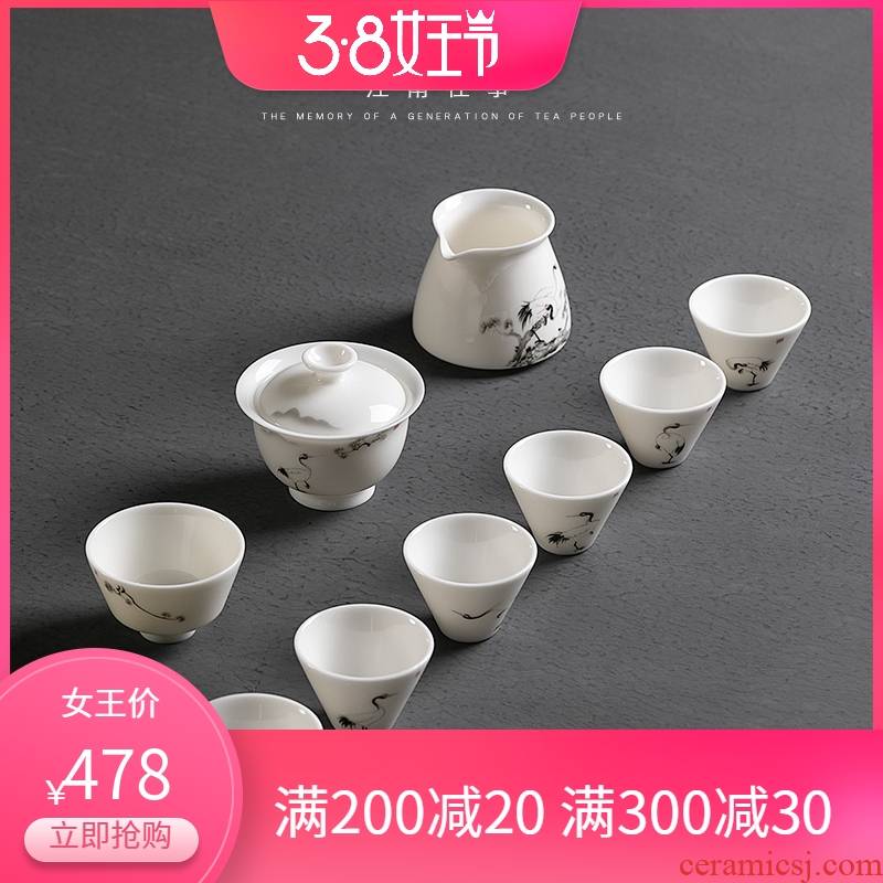 Jiangnan past high - grade dehua white porcelain kung fu tea set loose crane jade porcelain contracted tureen of pottery and porcelain teacup household