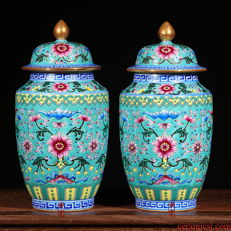 Imitation the qing qianlong colored enamel paint cover can of jingdezhen ceramics hand - made vases Chinese crafts are sitting room