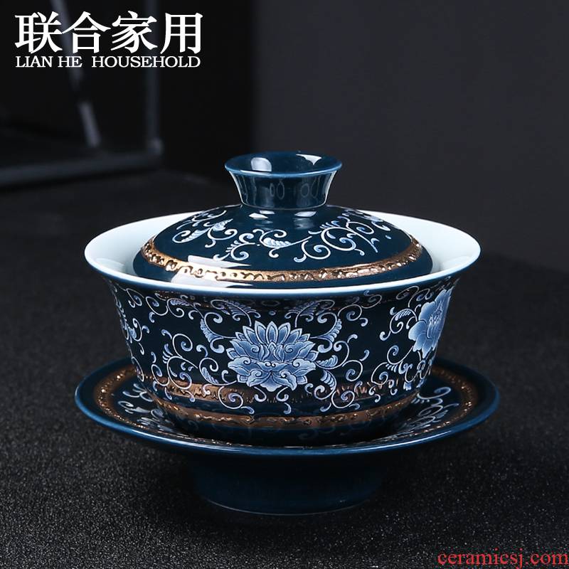 To be household jingdezhen blue and white porcelain tureen ceramic cup bowl large tea tea bowl three dishes tasted silver gilding