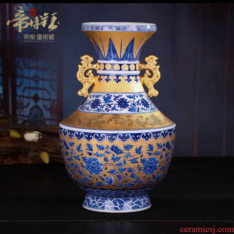 Jingdezhen key-2 luxury collection blue - and - white porcelain antique hand - made gold wrapped branch lotus ears dragon admiralty bottles of modern fashion