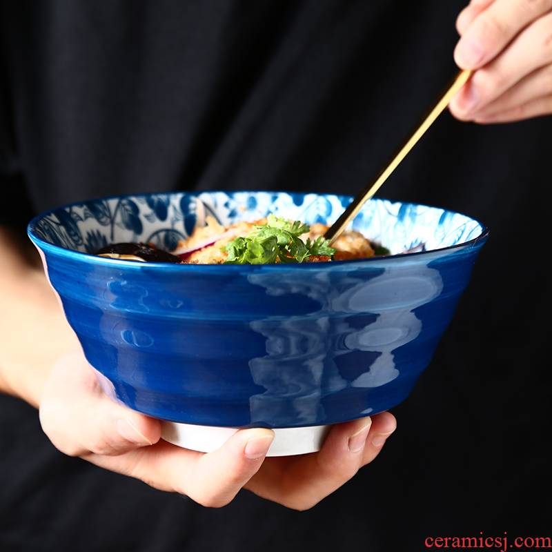 Pull a rainbow such use creative household under glaze color porcelain tableware mixing bowl Japanese blue flower salad bowl 7 inches soup bowl