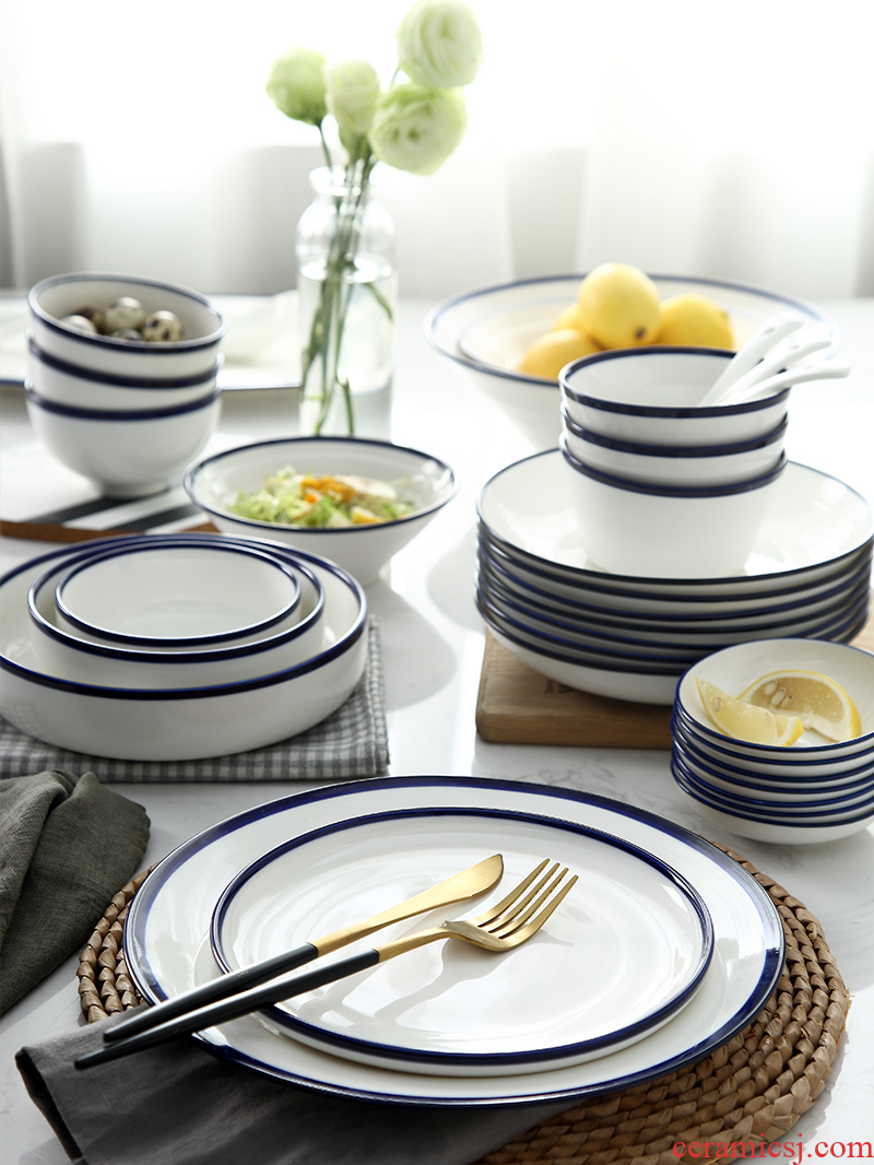 Northern wind under simple dishes suit household jingdezhen 秞 blue bowl chopsticks Japanese ceramic plate