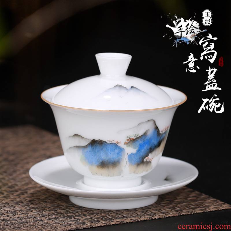 Tureen tea bowl large ceramic white porcelain kung fu tea tea set jingdezhen blue and white porcelain bowl three bowls of individual