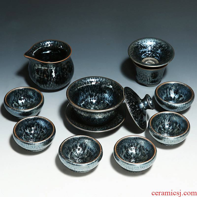 Jianyang iron tire building light ceramic tea set oil droplets kung fu tea set household temmoku obsidian tureen combination