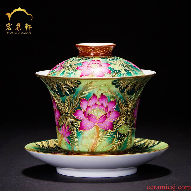 Checking out retro tureen kung fu tea cups of jingdezhen ceramic tea bowl lotus colored enamel three tureen