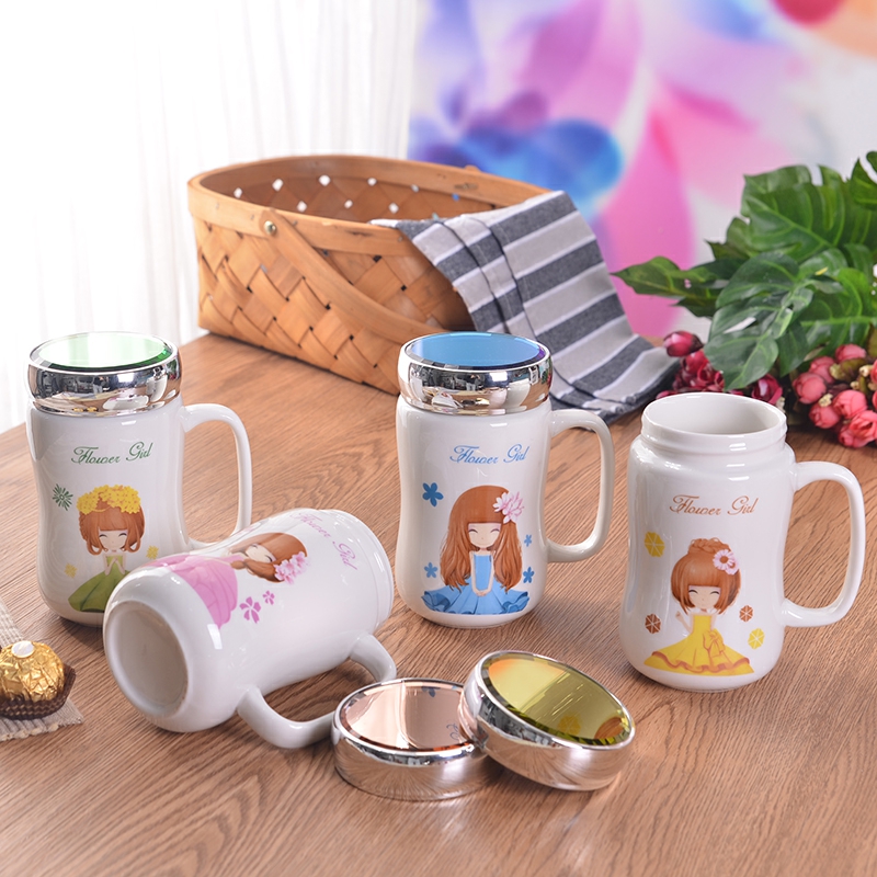 Office cup mark cup with cover glass ceramic cup teaspoons of large capacity domestic cup cartoon contracted creative mirror glass