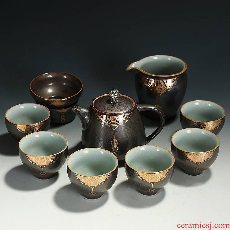Contracted Japanese iron glaze ceramic tea set suit of a complete set of kung fu tea set coarse pottery teapot cup bowl sea restoring ancient ways