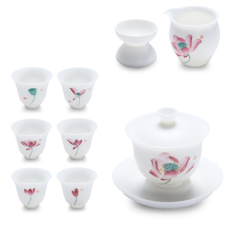 True cheng dehua white light suet jade hand gift kung fu tea white porcelain tea set a complete set of the teapot tea cup