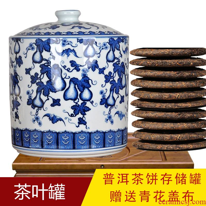 Blue and white porcelain tea pot big yards manual sealing up bread seven pu 'er tea ware ceramic ricer box cylinder storage tank