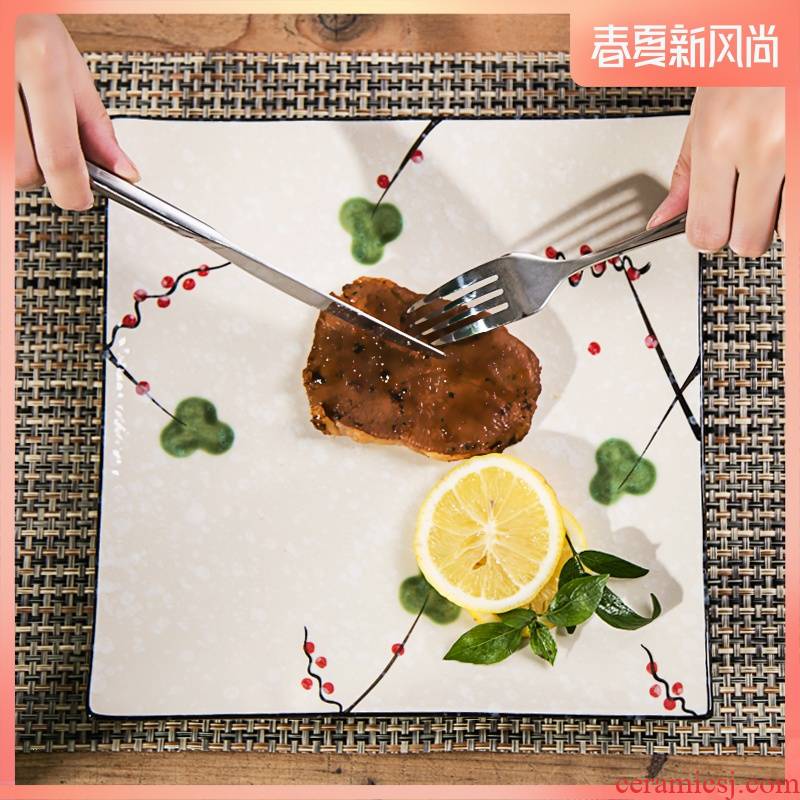 European ceramic tableware plate beefsteak disc cake plate 10 inch flat home hand - made creative square plate
