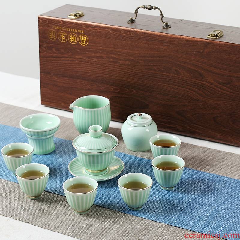 Jingdezhen ceramic tea sets tea cups of household contracted celadon Japanese kung fu tea tureen teapot small gift box