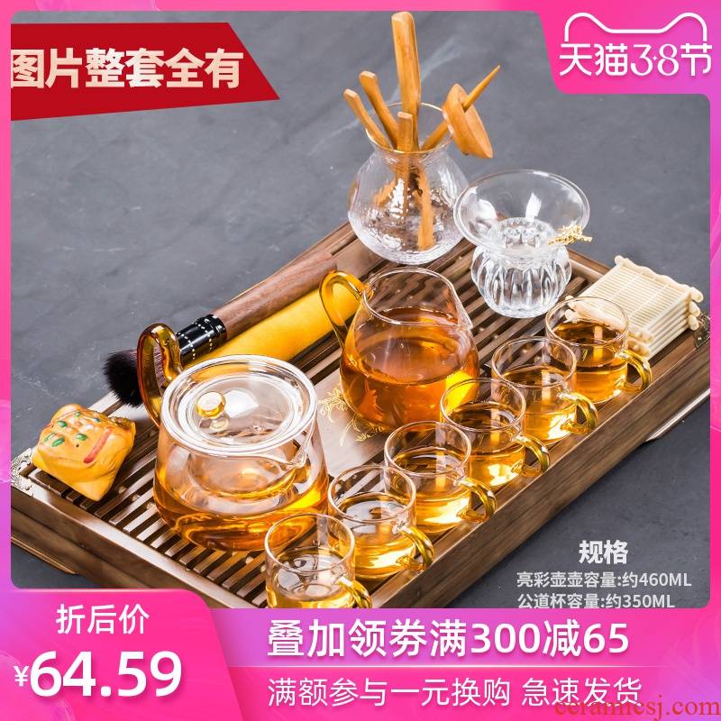 Glass tea set suit household contracted solid wood tea tray was red ceramic teapot teacup modern kungfu tea set