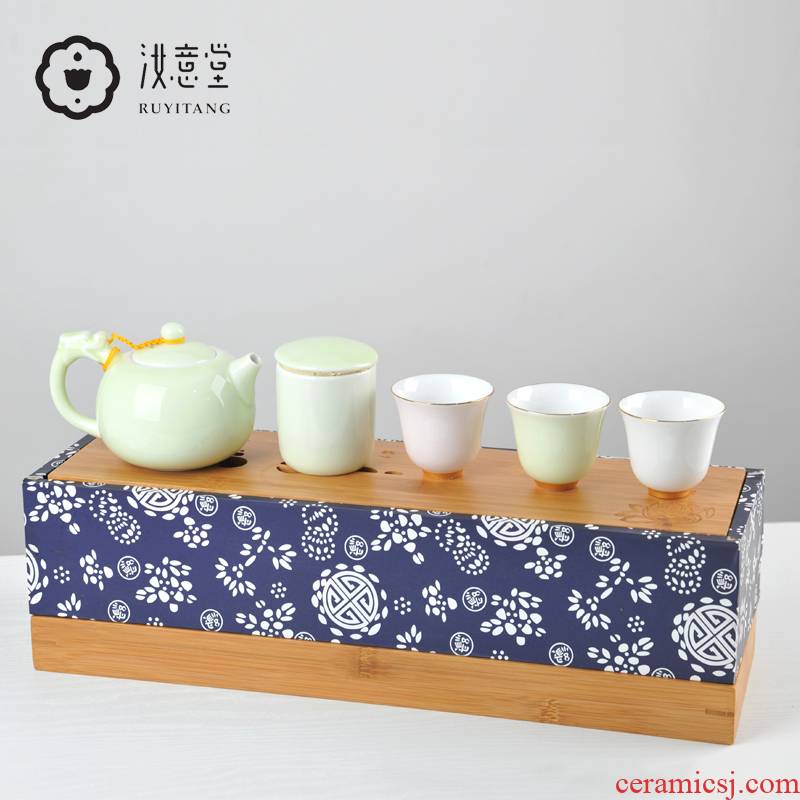 Ceramic kung fu tea set with tea tray of a complete set of gift boxes white porcelain of jingdezhen holiday gift hand grasp pot of household