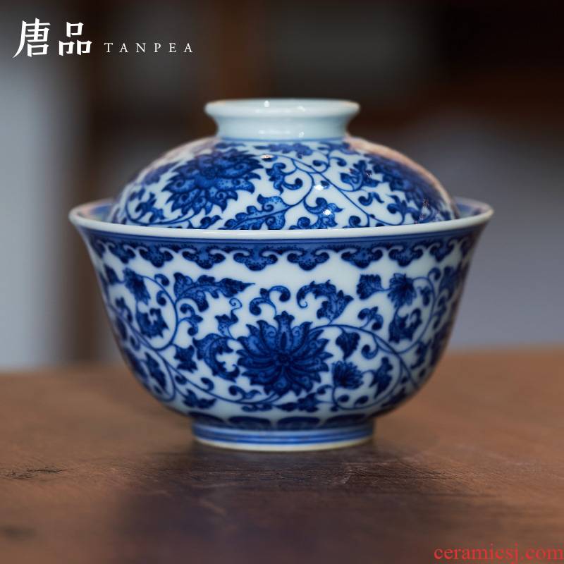 Maintain the blue tie up all hand making tea bowl lotus flower tureen jingdezhen ceramics kung fu tea set large antique cups