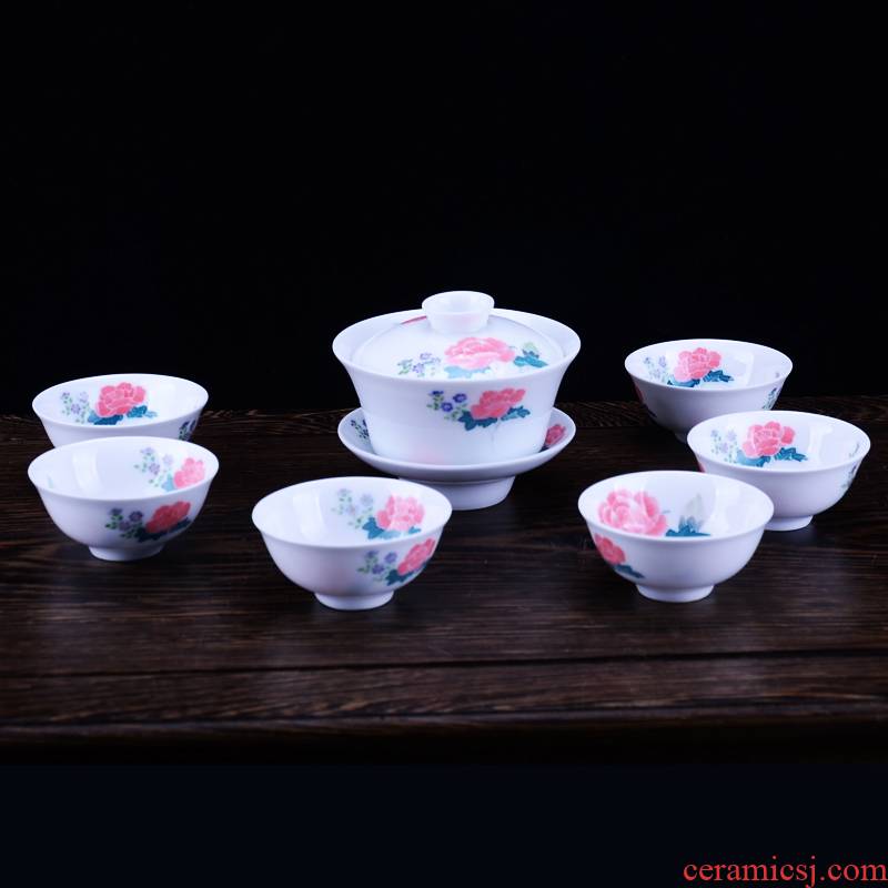 Liling porcelain tea set MAO ceramic tureen double - sided hibiscus name plum kung fu tea set gift of hunan characteristics
