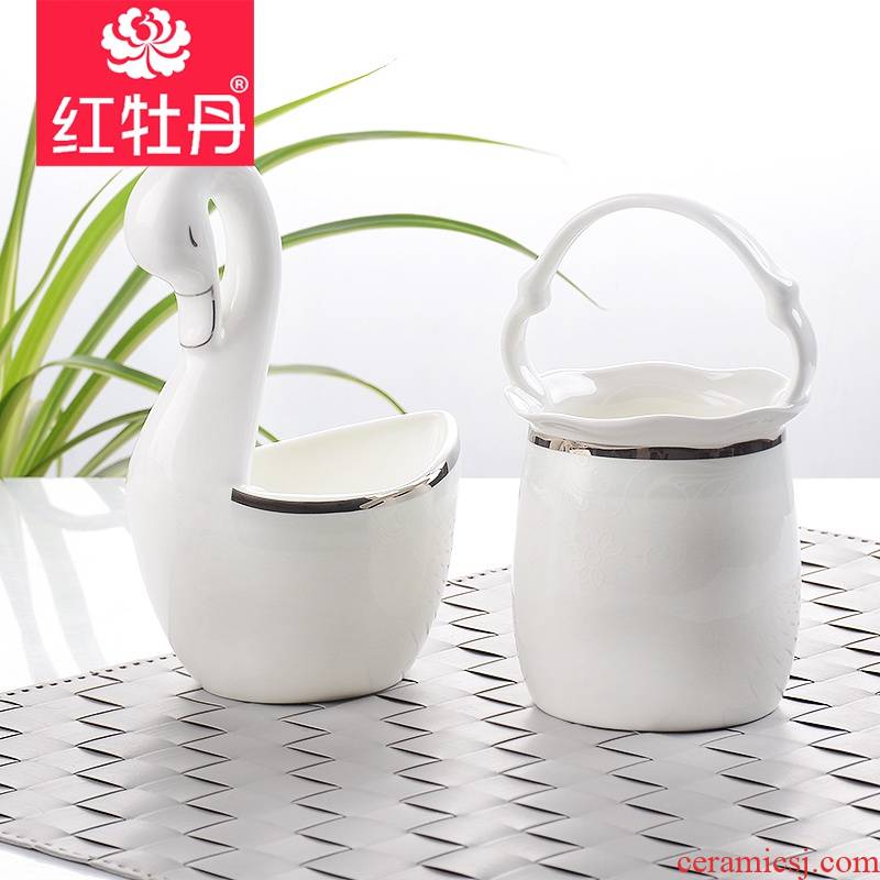 Tangshan red peony ipads porcelain tableware suit accessories swan basket spoons chopsticks cage placed spoon porcelain