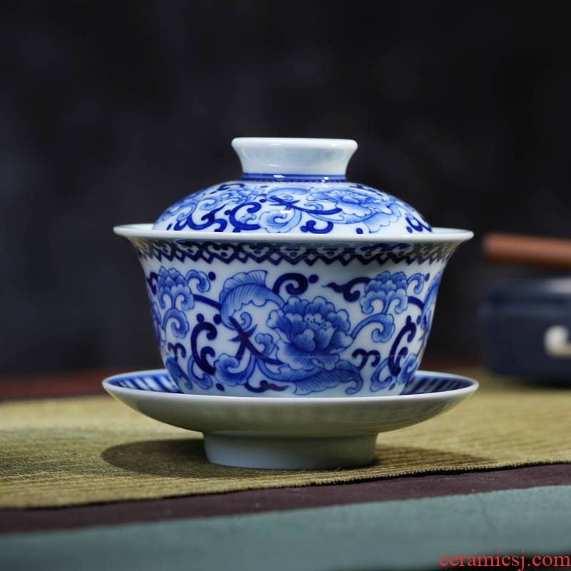 Offered home - cooked in jingdezhen ceramic kung fu tea set three blue and white porcelain is pure manual hand - made tureen tea bowl cups